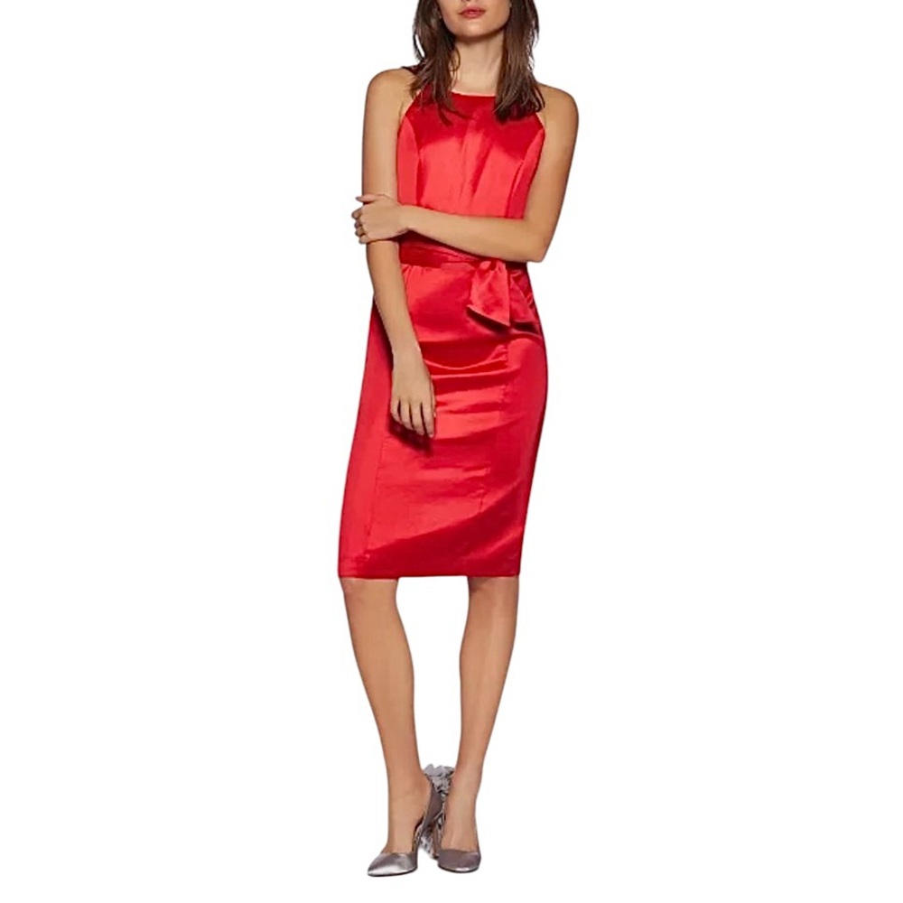 Avec Les Filles Red Satin Sleeveless Sheath
Midi Dress for Cocktail
